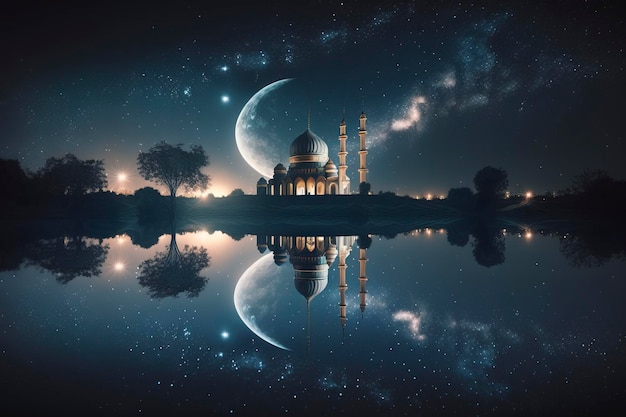 Das Konzept des Ramadan eine Reflexion einer Moschee am See bei NachtAI-Technologie erzeugtes Bild