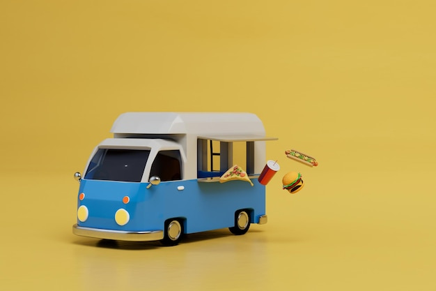 Das Konzept des Verkaufs von Street Food Blue Trailer für den Verkauf von Fast Food auf gelbem Hintergrund 3D-Rendering