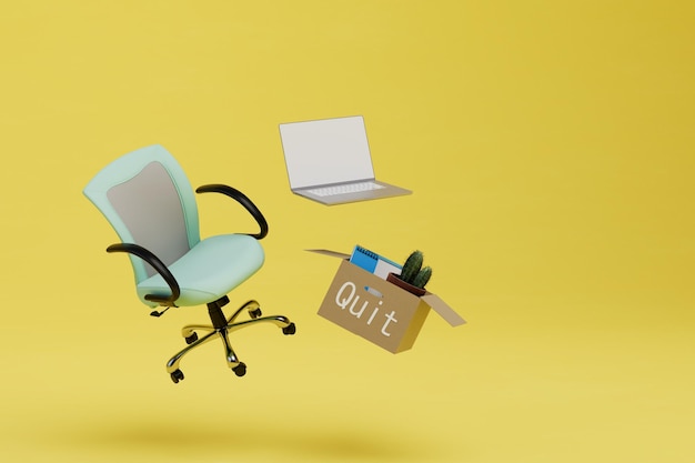 Das Konzept, einen Arbeitsstuhl zu verlassen, einen Laptop und eine Kiste mit Dingen, die auf gelbem Hintergrund fliegen