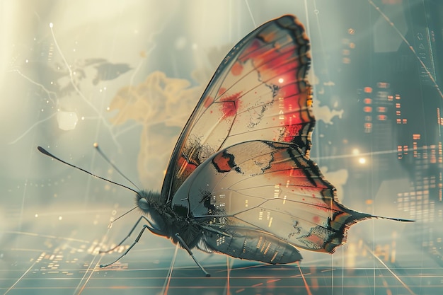 Das Konzept einer erfolgreichen Startup-Investition oder Geschäftstransformation mit einem Schmetterling im digitalen futuristischen Stil auf einer Weltkarte im Hintergrund