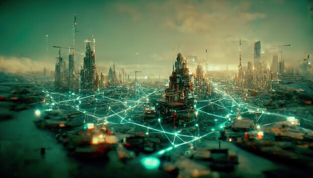 Das Konzept einer Hochgeschwindigkeits-Internetverbindung, visualisiert als Kabel, die Daten in einer spektakulären futuristischen Cyberpunk-Stadtlandschaft übertragen. Digitale Kunst-3D-Illustration