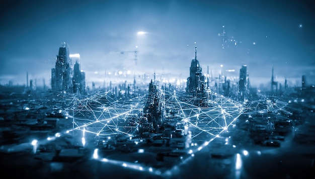 Das Konzept einer Hochgeschwindigkeits-Internetverbindung visualisiert als Kabel, die sich in einem spektakulären futuristischen und Cyberpunk-Stadtbild mit Wolkenkratzern verbinden Digital Art 3D-Illustration