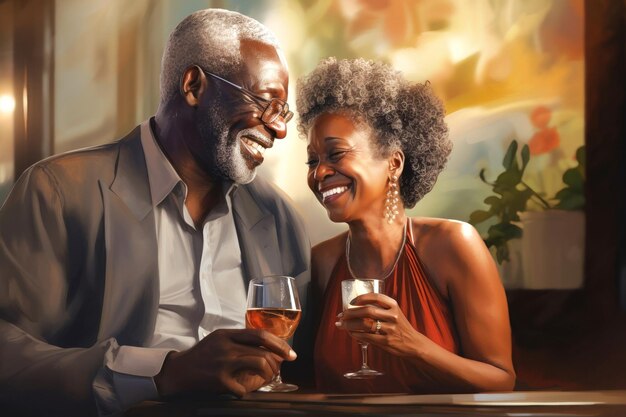 Das Konzept eines aktiven sozialen Lebensstils für ältere Menschen Ein älteres dunkelhäutiges Paar trinkt alkoholische Getränke in einer Bar oder einem Restaurant Liebhaber genießen eine Happy Hour an der Bar