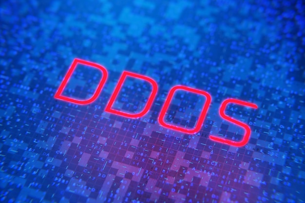 Das Konzept eines DDOS-Angriffs Rote Inschrift DDoS auf einem digitalen Hintergrund 3D-Rendering