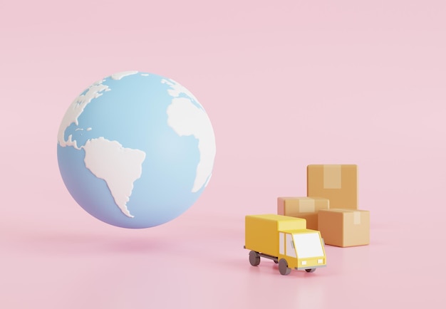 Das Konzept eines Paketzustelldienstes auf der ganzen Welt isoliert weißer Hintergrund. 3D-Rendering