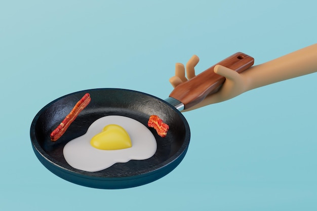 Das Konzept eines schnellen Frühstücks Rührei mit Speck in einer Bratpfanne 3D-Rendering