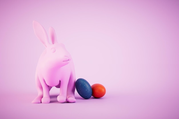 Das Konzept von Ostern Osterhasen und bunte Ostereier auf pastellfarbenem Hintergrund 3D-Render