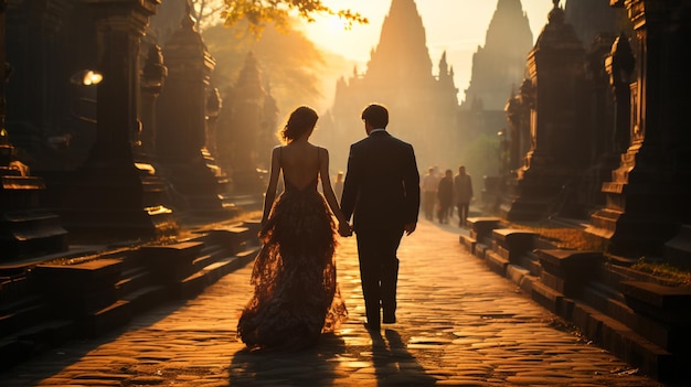 Das Konzept von Prewedding Bali hat einen Barong mit dem Hintergrund des Prambanan