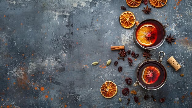 Das Konzept von Weihnachts- und Saisongetränken mit heißem Glühwein, getrockneten Orangenstücken, Rosinen