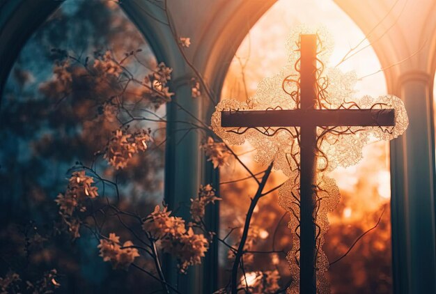 Foto das kreuz befindet sich hinter einem buntglasfenster im stil des romantischen weichen fokus und des ätherischen lichts