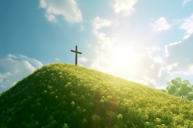 Das Kreuz Gottes mit grünem Blatt in den Strahlen der Sonne und des blauen Himmels. Kreuz auf dem Hügel mit grünen Bäumen und grünem Naturblick. Religiöses Konzept AI Generativ