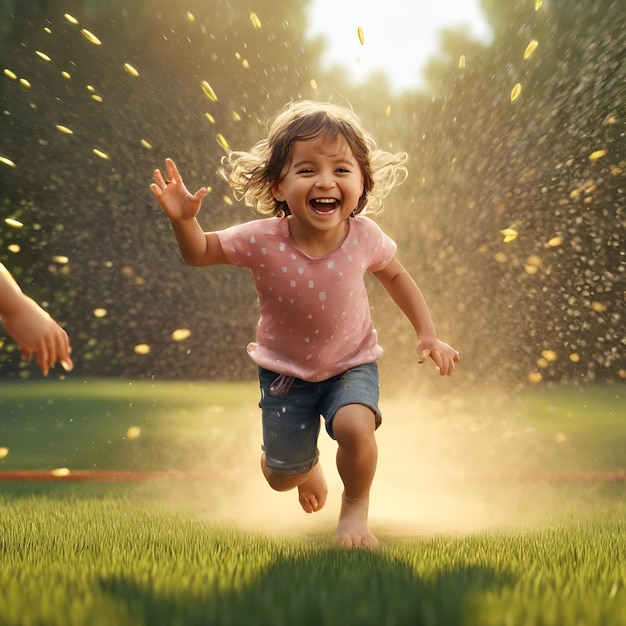 Das Lachen eines Kindes, das durch Sprinkler läuft