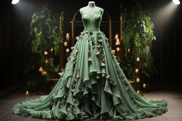 Das lange, pastellgrüne Kleid symbolisiert Frische und natürliche Schönheit für einen bezaubernden Stil