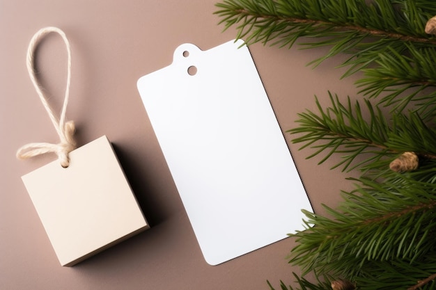Das Layout der weißen Karte liegt auf dem Neujahrstisch mit einer Geschenkkiste und einem Weihnachtsbaum
