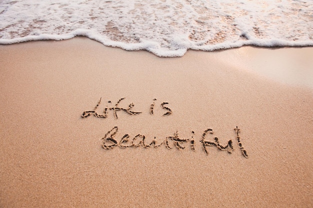 Das Leben ist schön, positives Denken, Konzept, inspirierendes Zitat auf Sand geschrieben.