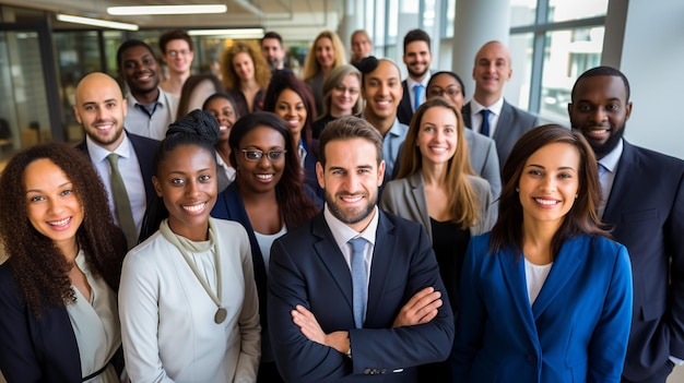 Das lebendige Gruppenporträt in einem modernen Büro zeigt ein erfolgreiches, vielfältiges Team von Geschäftsprofis