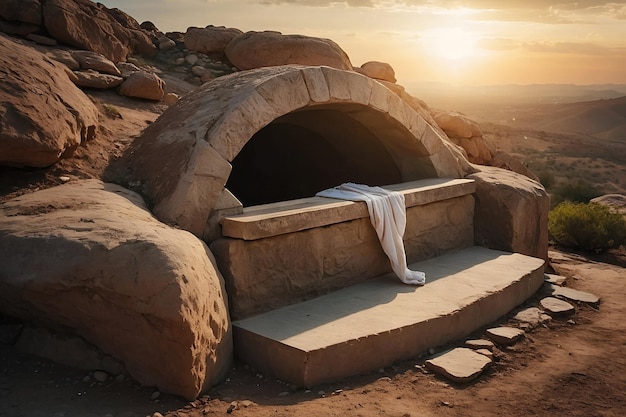 das leere Grab von Jesus Christus bei der Auferstehung am Sonnenaufgang