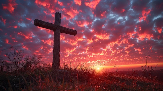 Das leere Kreuz in Silhouette vor einem feurigen Hintergrund