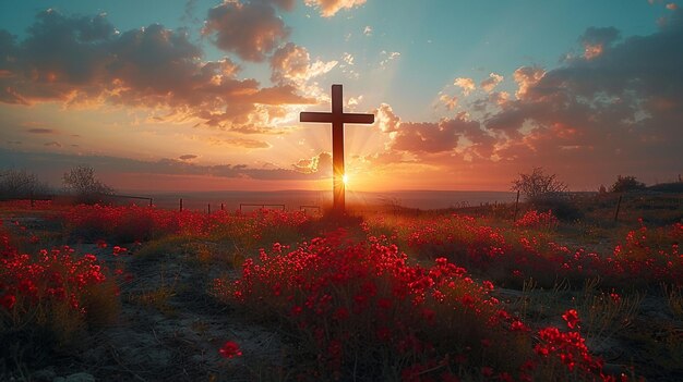 Das leere Kreuz in Silhouette vor einem feurigen Hintergrund