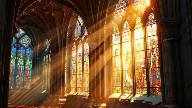 Das leuchtende Sonnenlicht strömt durch die Tempel und die Buntglasfenster erleuchten die friedliche Szene.