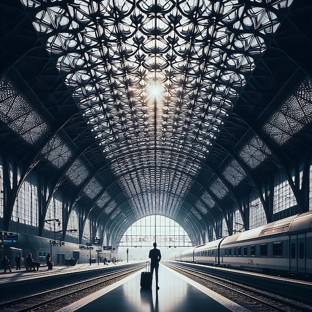 Das Licht am Ende des Tunnels Ein monochromes Foto eines Reisenden in einem Großbahnhof