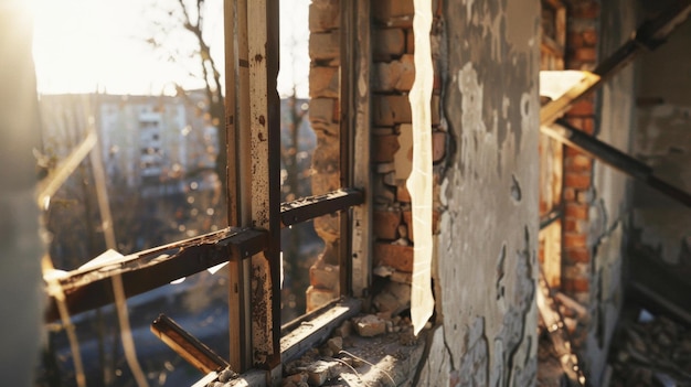 Das Licht der goldenen Stunde filtert durch einen verfallenen Fensterrahmen und ruft eine ruhige, aber eindringliche Schönheit auf.