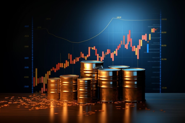 Das Ölpreisdiagramm mit einem 3D-Fass und einem Wachstumspfeil symbolisiert die Marktdynamik
