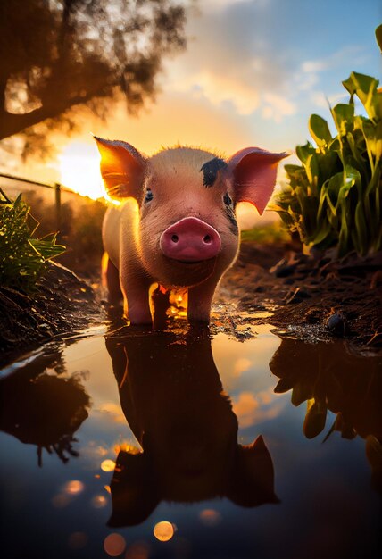 Das lustige Schwein steht vor einer Pfütze und schaut in die Kamera im Garten.