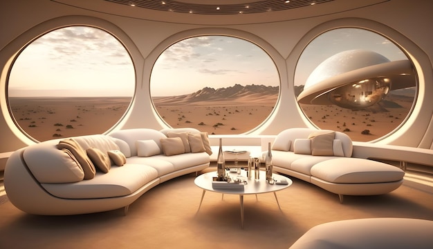 Foto das luxuriöse wohnzimmer auf einem raumschiff verfügt über ein panoramafenster, das einen atemberaubenden blick auf die erde und die sterne jenseits der generativen ki bietet