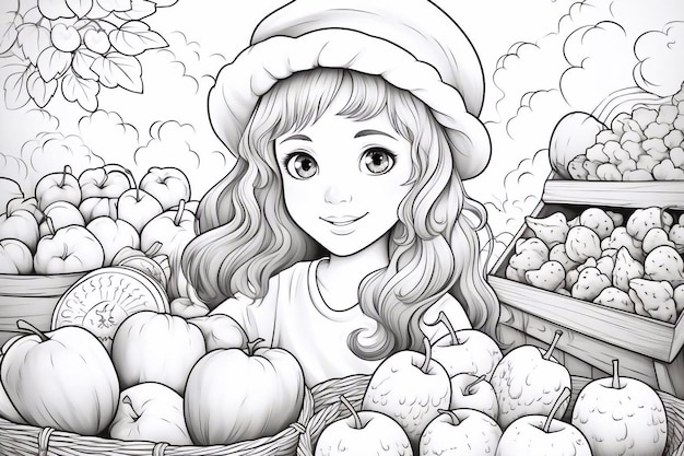 Das Mädchen auf dem Markt wählt Früchte Farbbuch gegen Stress für Kinder und Erwachsene Illustration