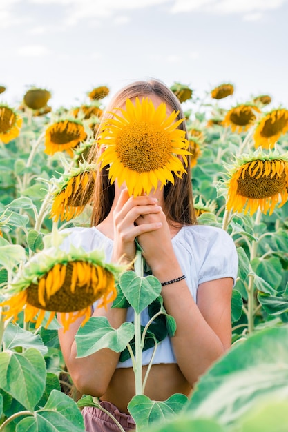 Das Mädchen bedeckt ihr Gesicht mit einer Sonnenblume auf einem Feld in der Sonne Freiheit und lokaler Tourismus