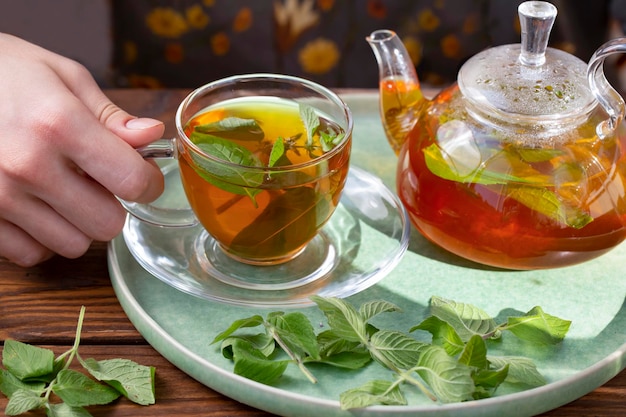 Das Mädchen hält in der Hand eine Tasse grünen Tee mit Minze Antioxidantien für gesunde Lebensmittel