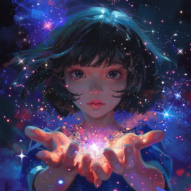 Das Mädchen hält Sterne in der Mitte ihrer Handfläche im Stil dramatischer Beleuchtungseffekte