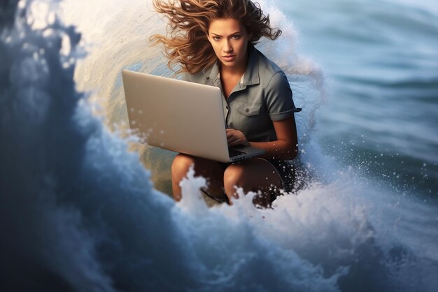 Foto das mädchen mit dem laptop lächelt und surft auf den wellen