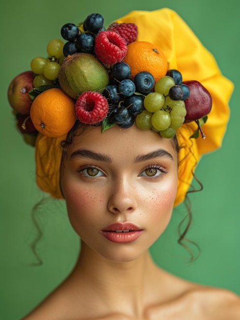 Foto das mädchen mit obst auf den haaren wird in einem zusammengesetzten bild gezeigt