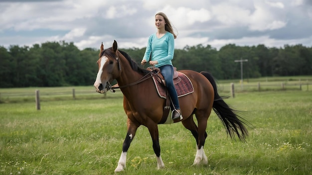 Das Mädchen reitet auf einem Pferd