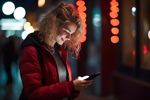 Das Mädchen schaut auf das Telefon und lächelt