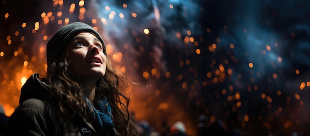 Das Mädchen schaut auf die wunderschönen Feuerwerke blitzt im Himmel Panorama mit Platz für Ihren Text