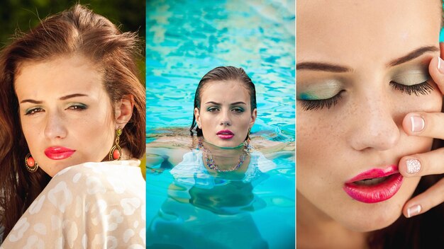 Das Mädchen schwimmt auf einem aufblasbaren hellgrünen Kreis im Pool Banner mit 3 Fotos