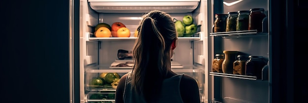 Das Mädchen steht vor der offenen Tür des Kühlschranks Generative AI