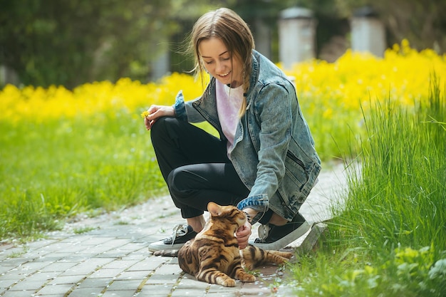 Das Mädchen streichelt auf einem Spaziergang in der Nähe des Hauses eine schöne helle Bengalkatze