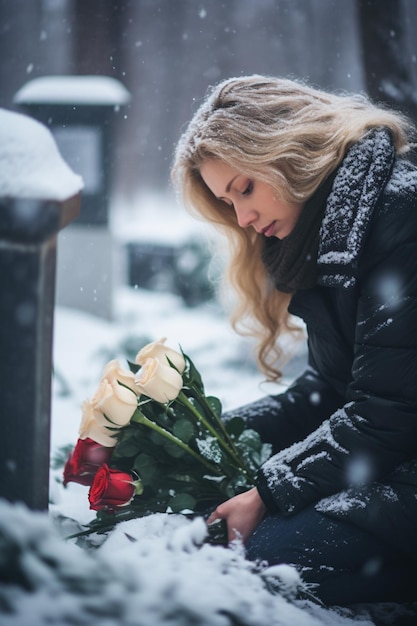 das Mädchen trägt Blumen auf den Friedhof