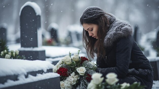 Foto das mädchen trägt blumen auf den friedhof