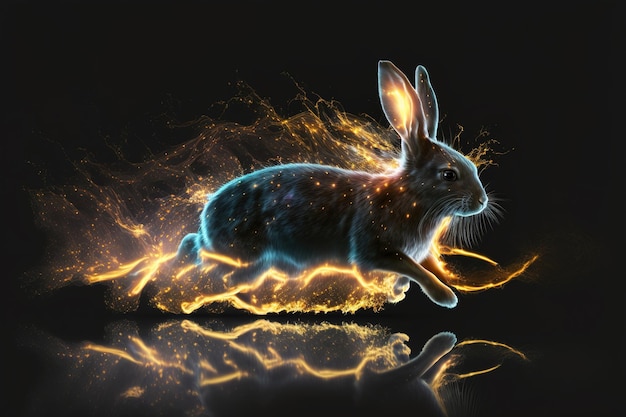 Das magische Fantasy-Black Rabbit-Symbol von 2023 läuft und hinterlässt Spuren von Funken und Sternen Weihnachten und Neujahr 3D-Rendering