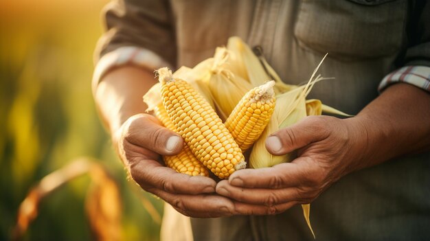 das mãos do agricultor segurando um conceito de agricultura e colheita de milho maduro