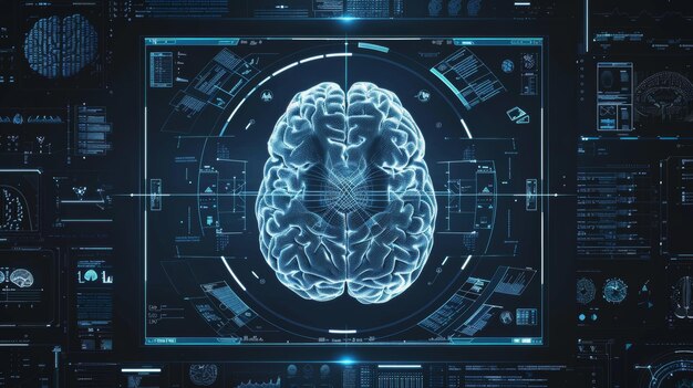 Das medizinische Gesundheitstechnologieelement in einer Gehirnanalyse, die die Schnittstelle für einen MRT-Scan veranschaulicht