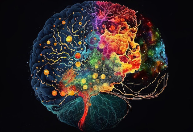 Das menschliche Gehirn besteht aus Protonen und Neuronen, die von der KI erzeugte Nervenimpulse erzeugen