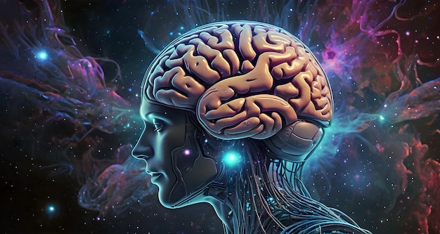 das menschliche Gehirn im Raum und die energetische Verbindung mit dem Universum Neonlicht das menschliche Gehirn
