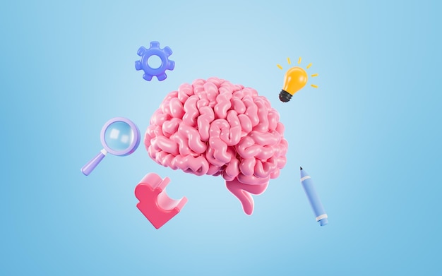 Das menschliche Gehirn und Brainstorming Zusammenarbeit Inspiration und innovative Konzepte 3D-Rendering