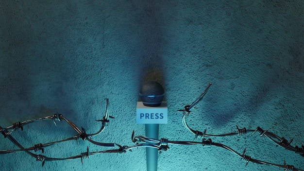 Das Mikrofon eines Reporters bei einer Pressekonferenz durch Stacheldraht 3D-Rendering